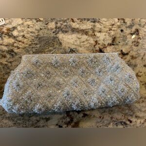 Vintage Carlo Fellini Silver Beaded Embellished Evening Clutch NWT